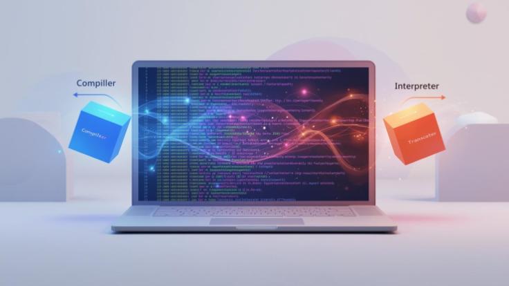 3D flat-tech illustration of a laptop screen showing colorful code lines, floating binary digits transforming into high-level code, two glowing blocks labeled “Compiler” and “Interpreter,” arrows showi (1)-0AXAt9aDYf.jpg
